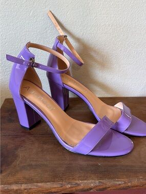 Purple Patent Block Heel Sandals with Ankle Strap